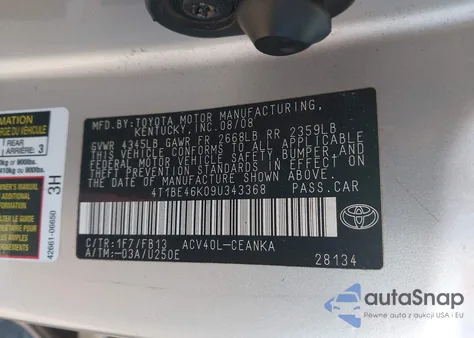 2009 Toyota Camry Le from USA, damaged, VIN 4T1BE46K09U343368